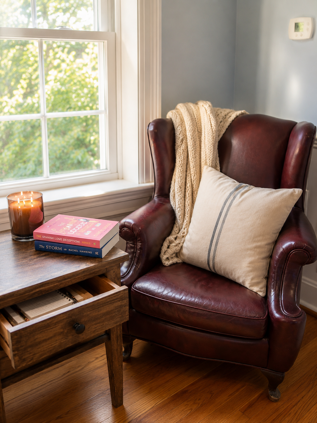 Leather chair near a window with a side table, candle, and two books