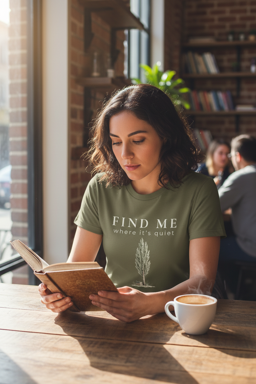 A woman reading a book in a cafe wearing the "Find Me Where it's Quiet" Illustrated Organic Tee