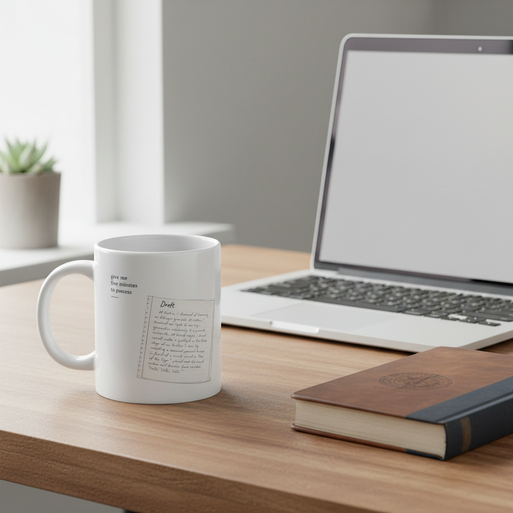 draft excerpt on white ceramic mug with phrase "give me five minutes to process" on a desk with a laptop and closed book.