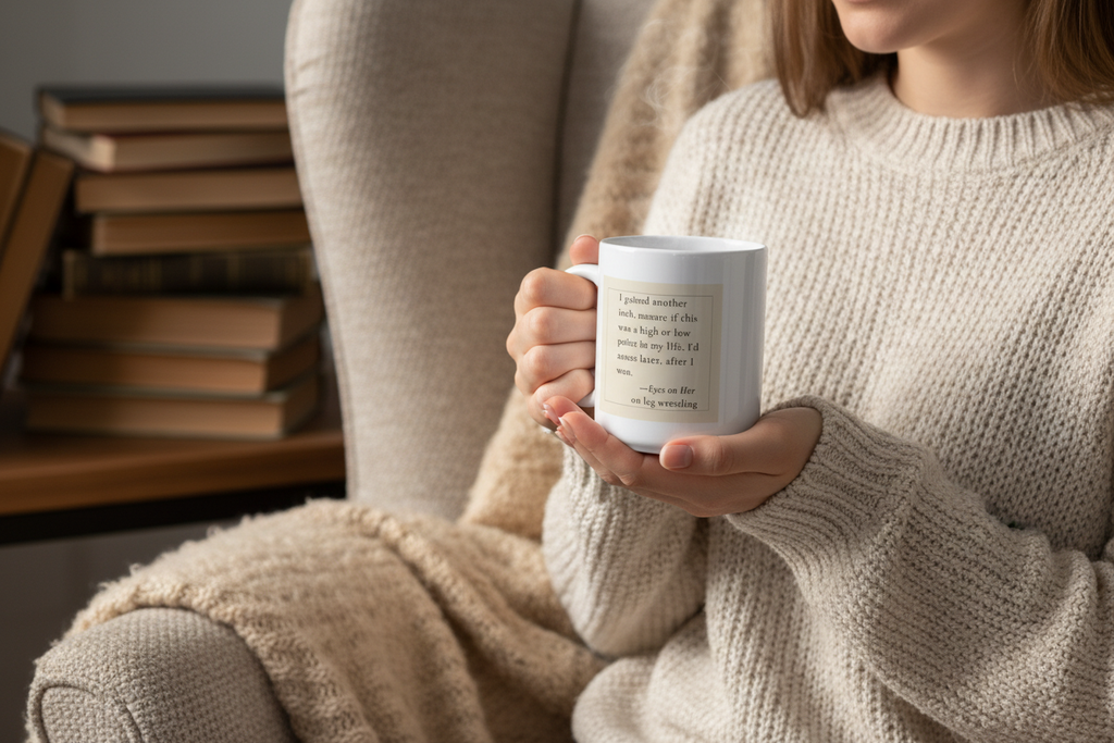 Woman holding a mug with original quote, sitting on a cozy chair with books in the background