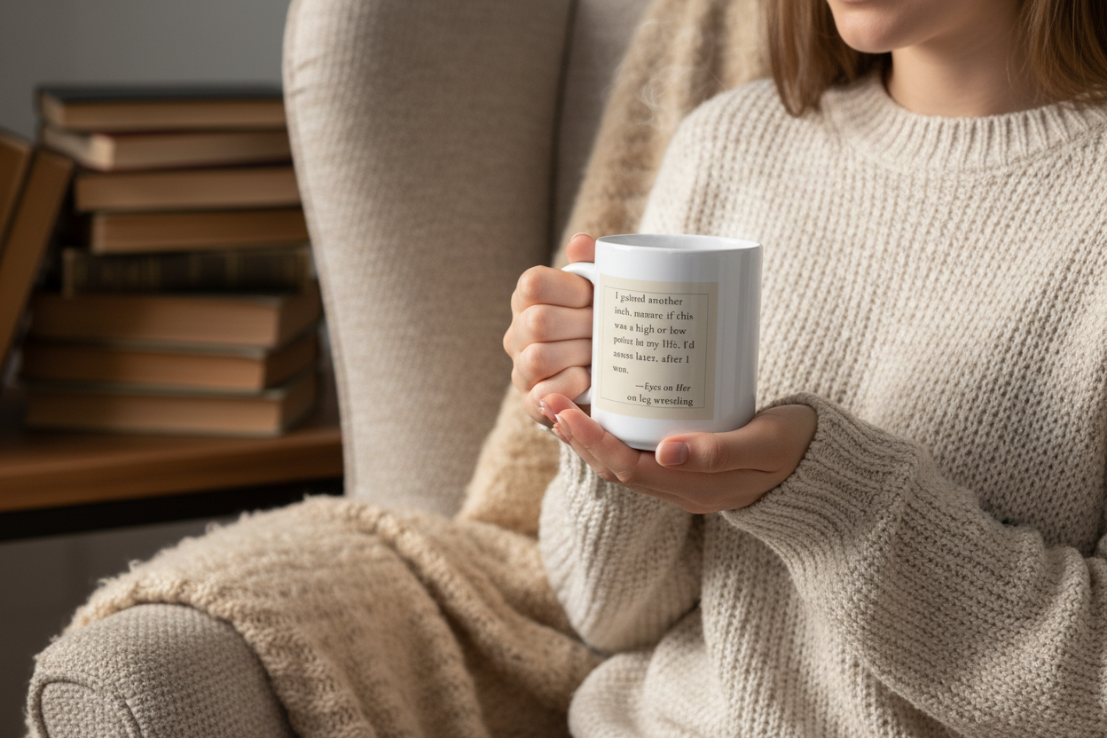 Woman holding a mug with original quote, sitting on a cozy chair with books in the background
