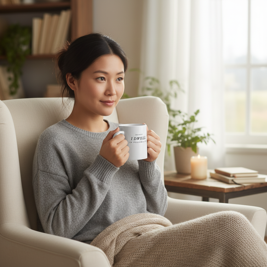 Woman sitting in a cozy living room holding the Dwell in Possibility white ceramic mug in 11 oz