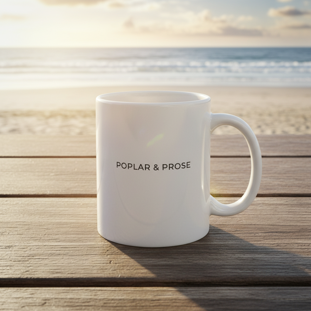 White mug with 'Poplar & Prose' text on a wooden surface with a beach background
