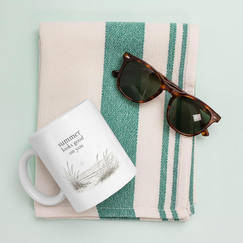 Mug with text and beach dunes design on a striped towel with sunglasses on top, on a light green background