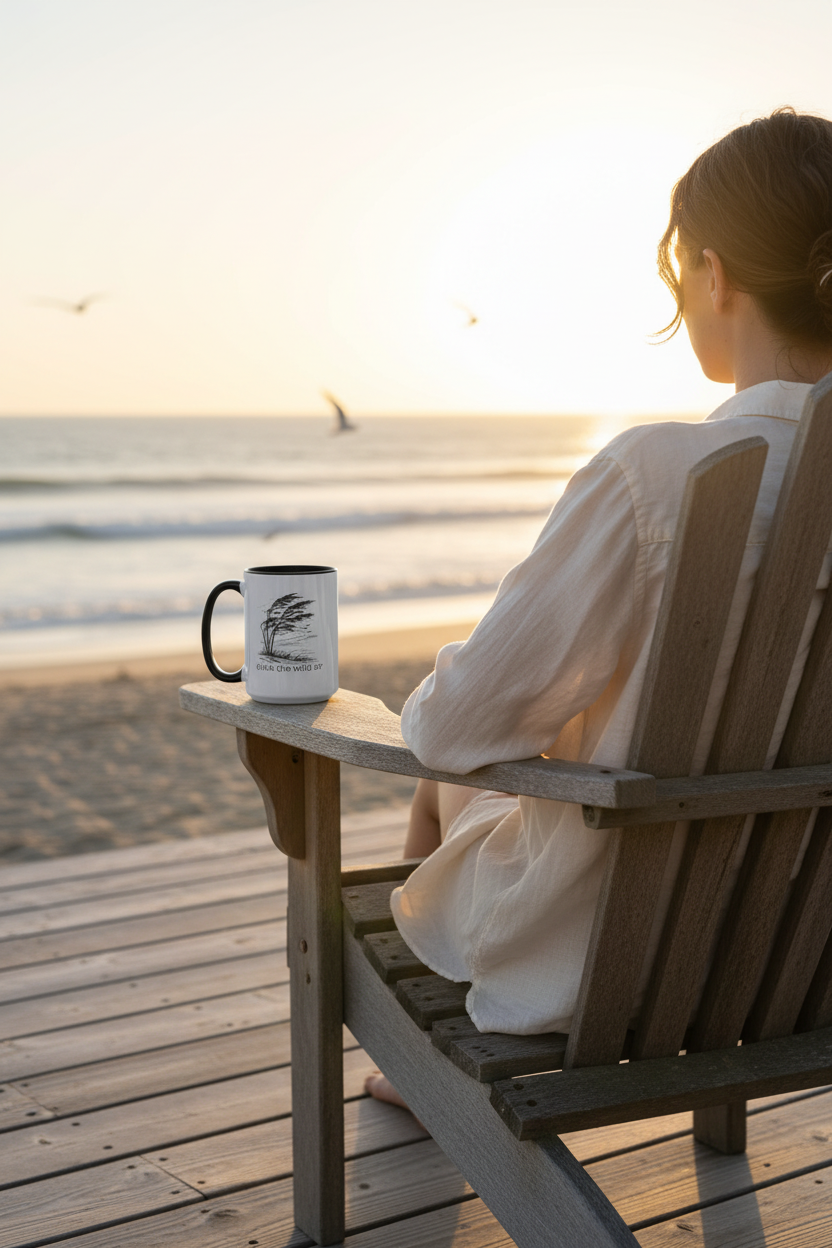 Woman sitting on an Adirondack by the beach with the Breathe the Wild Air mug, enjoying the sunset.