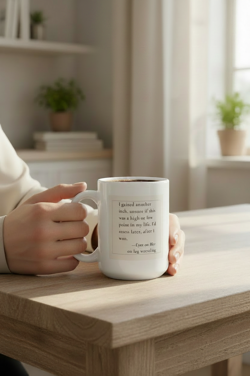 Person holding a white mug with original funny quote on a wooden table in a bright room.