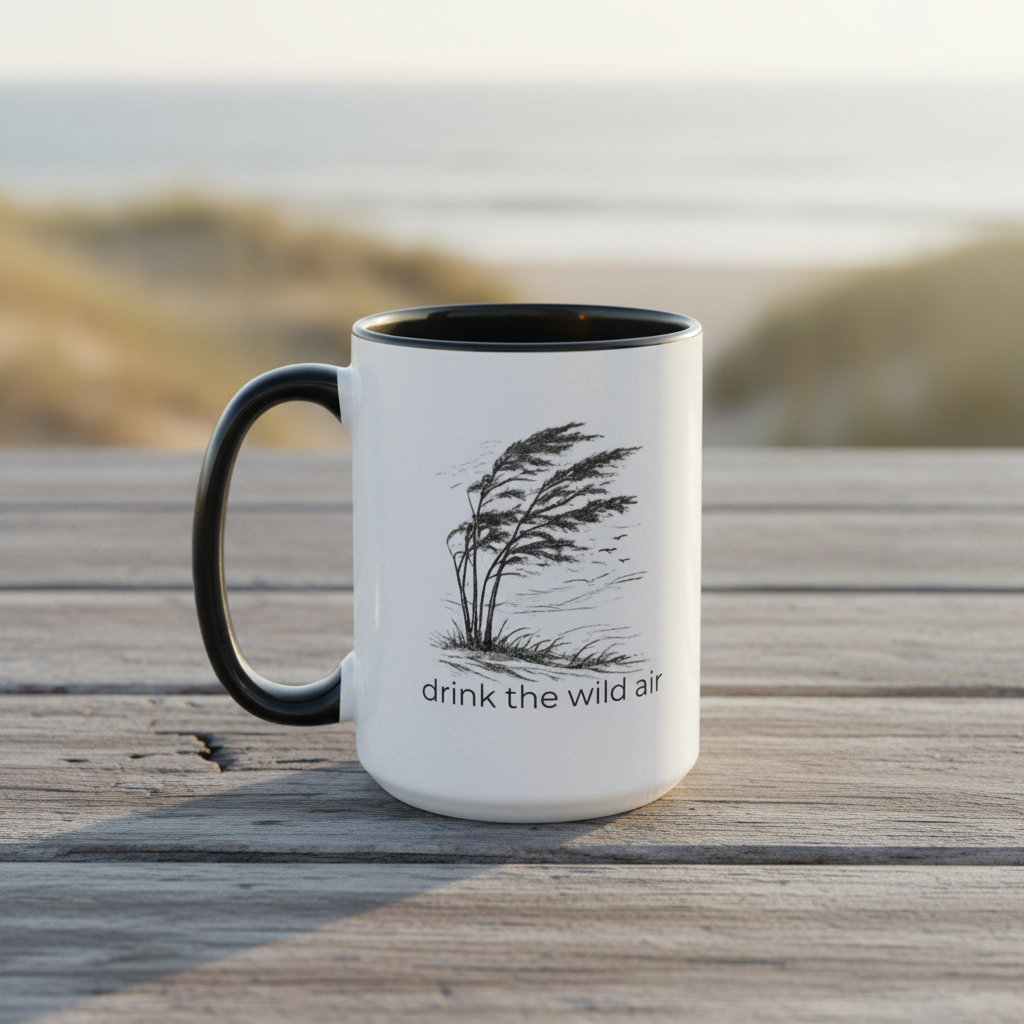 White mug with black interior and handle, featuring a tree illustration and 'drink the wild air' text, on a wooden surface with a blurred beach background.