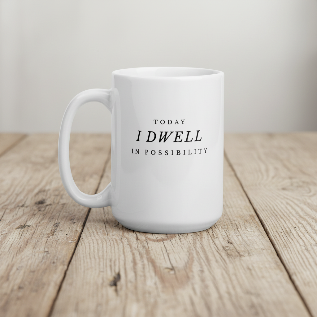 White mug with text 'Today I Dwell in Possibility' on a wooden surface in 15 oz