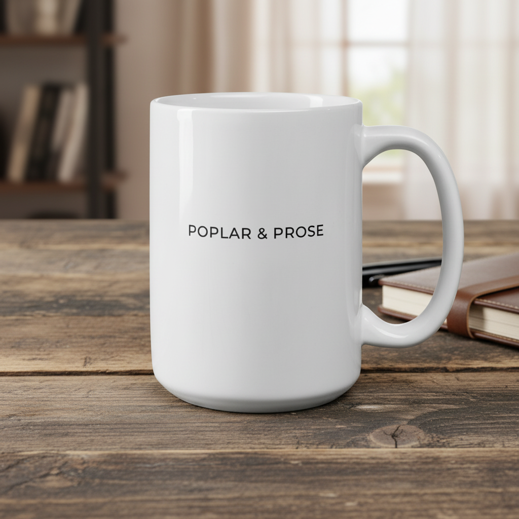 White ceramic mug with 'Poplar & Prose' text on a wooden table in 15 oz