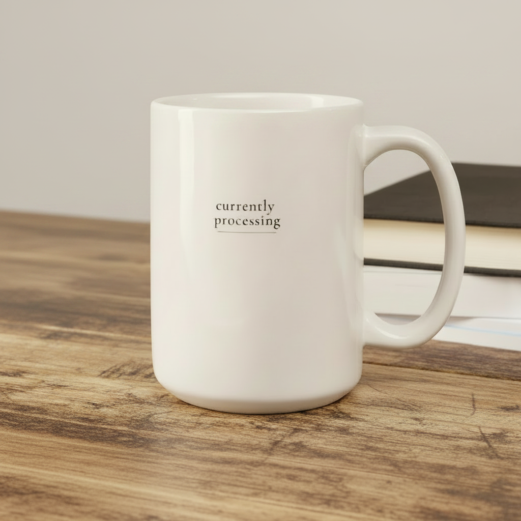 White mug with 'currently processing' text on a wooden surface