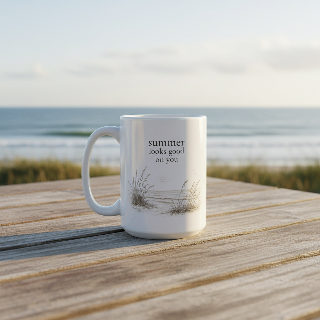 White ceramic mug with 'summer looks good on you' text on a wooden surface with a beach background in 15 oz