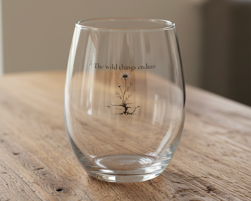 Clear glass with text and illustration on a wooden surface