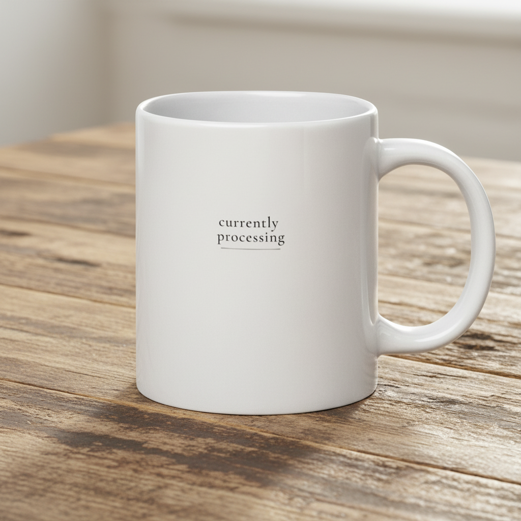 White mug with 'currently processing' text on a wooden surface in 20 oz