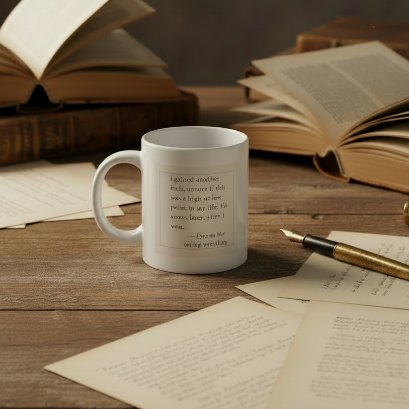 White Original Funny Quote mug with text on a wooden table with books and papers