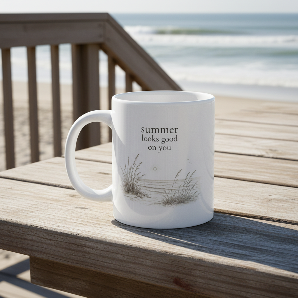 White ceramic mug with 'summer looks good on you' text on a wooden deck with beach background in 20 oz