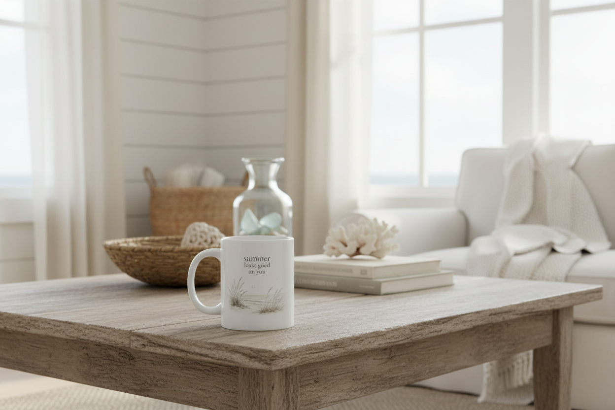 Cozy living room with a wooden coffee table, mug, and decorative items, showcasing the 'summer looks good on you' text and beach dunes illustration on mug