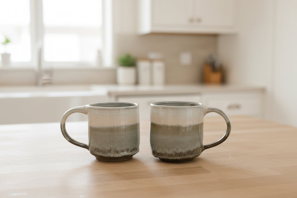 Two ceramic mugs on a wooden table with a home interior background