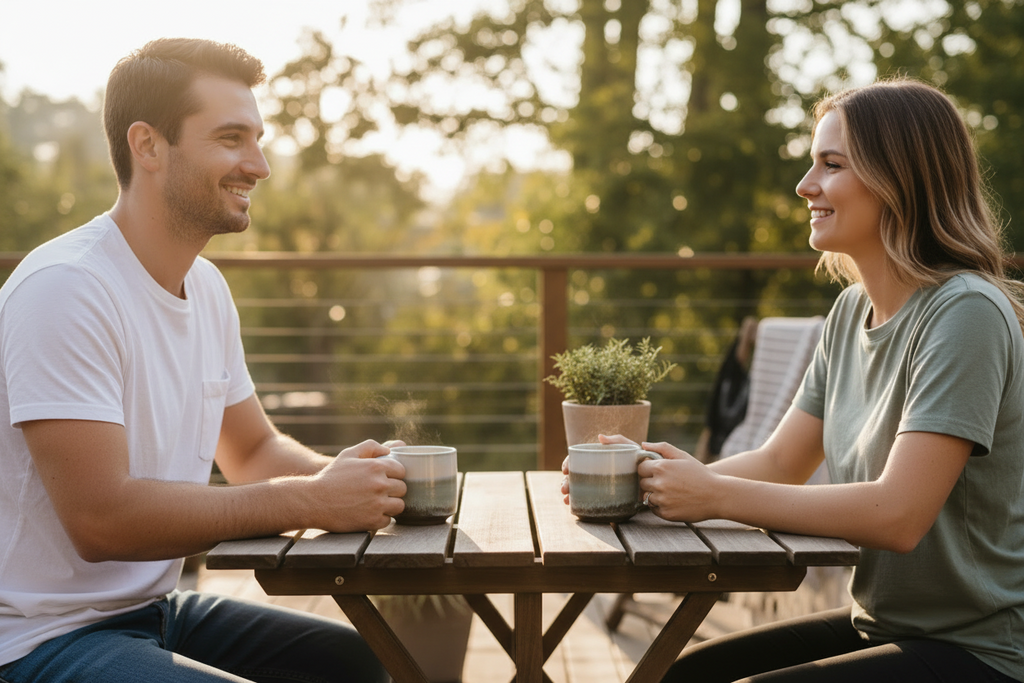 Man and woman sitting at a wooden table outdoors, enjoying coffee.