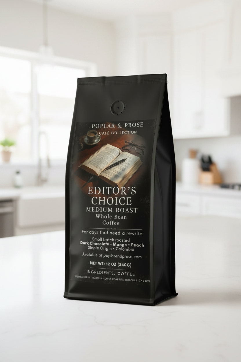Coffee bag labeled 'Editor's Choice' on a dark background
