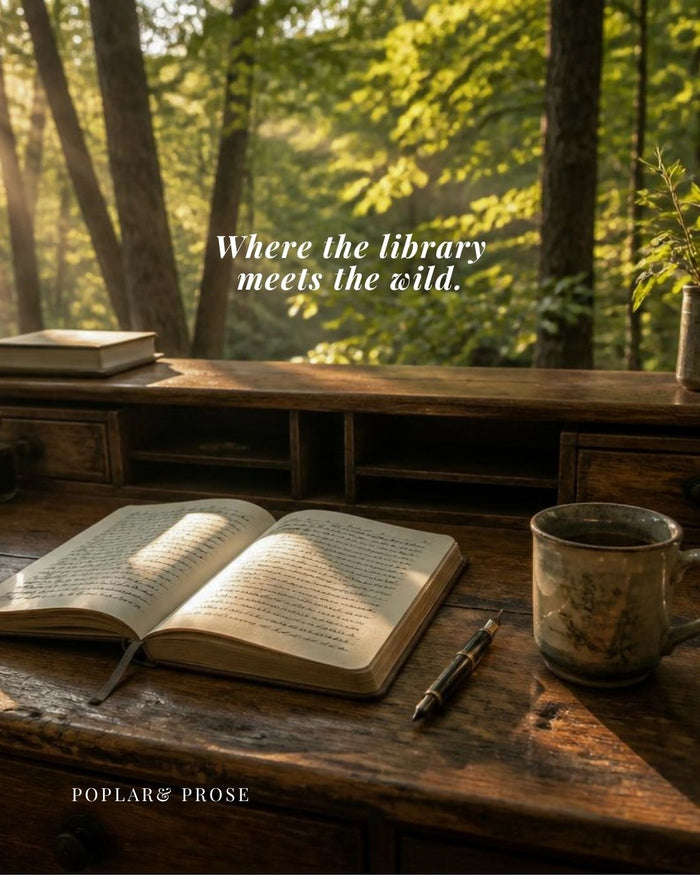 A rustic wooden desk in a sunlit forest setting with an open book, a mug, a pen, and the text 'Where the library meets the wild.' 
