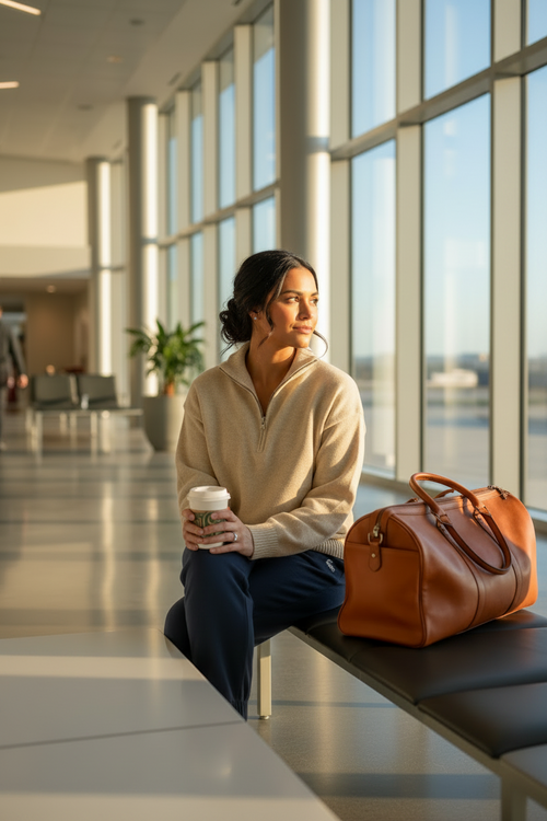 Woman sitting in a modern airport terminal holding a coffee cup with a brown leather bag beside her, wearing the Retreat Pullover