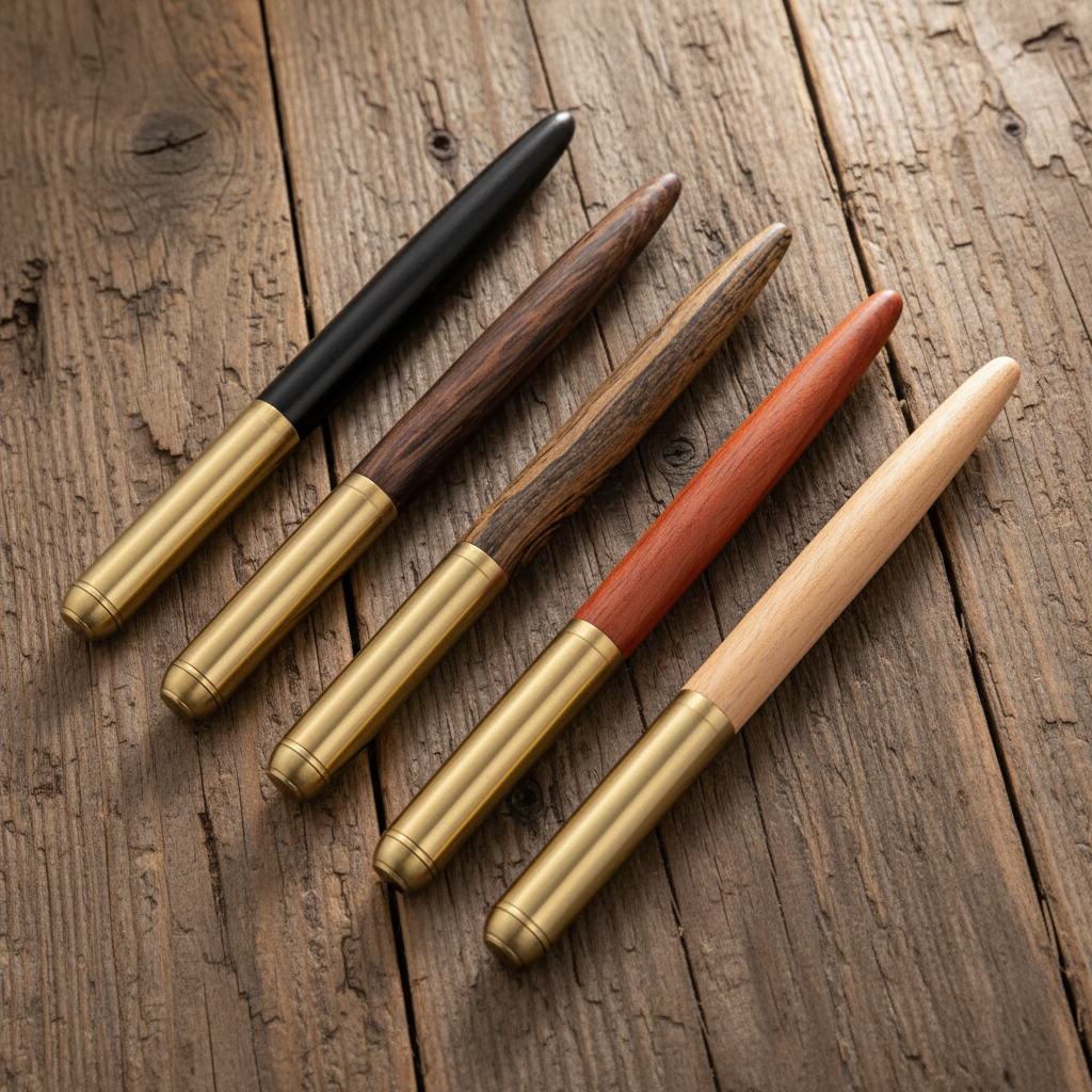 Set of five pens with brass and wooden accents on a wooden surface