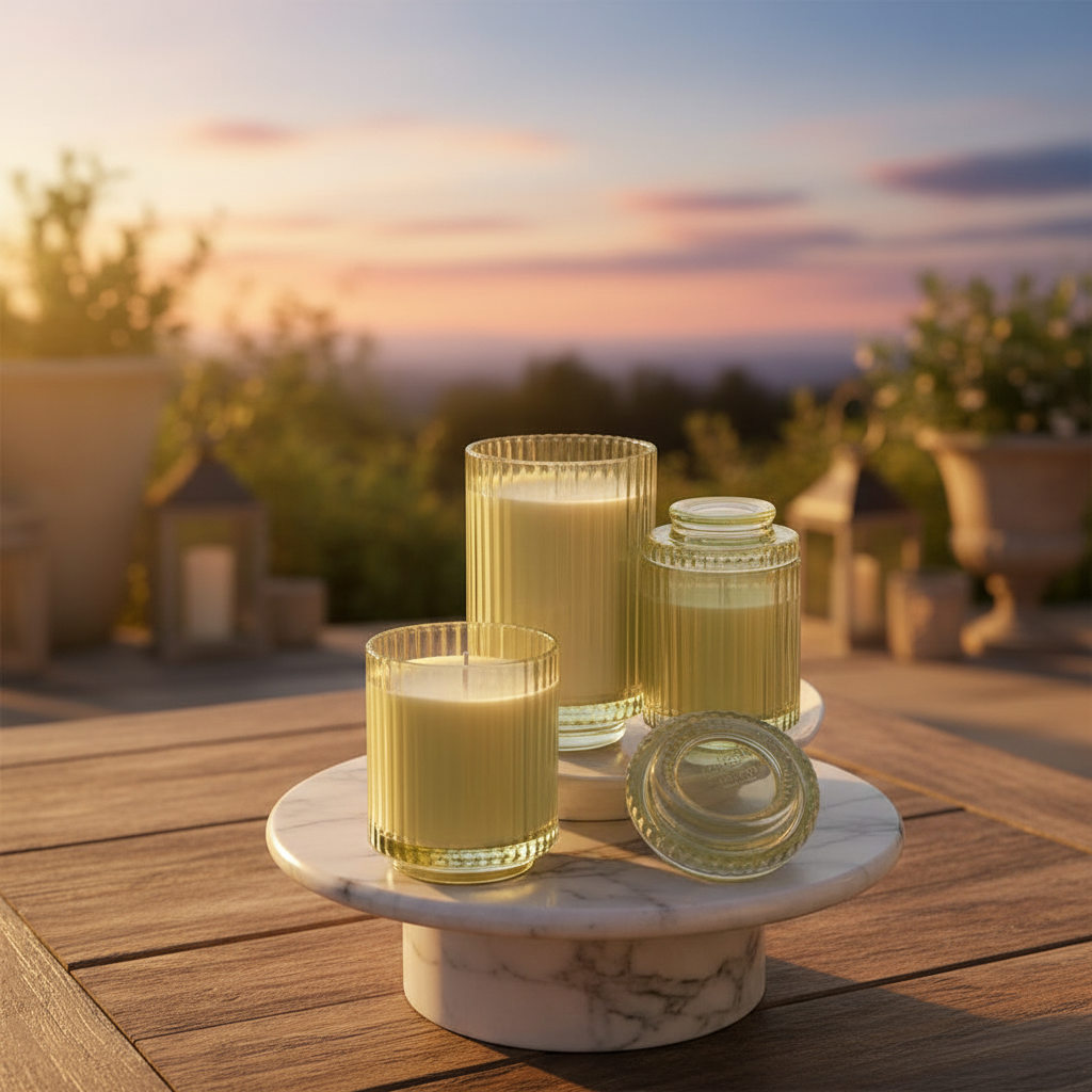 Three glass candles on a marble stand outdoors during sunset.