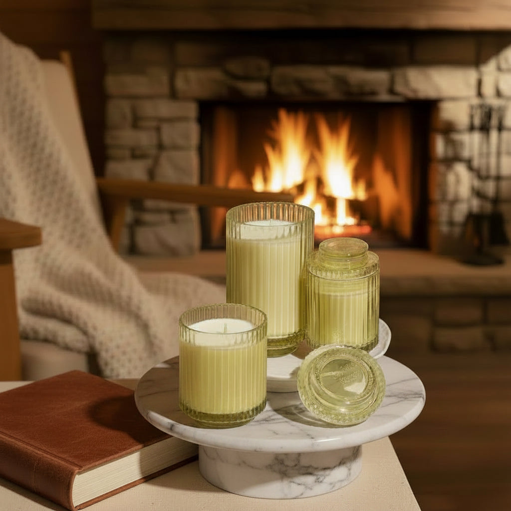 Glass candles on a marble holder in front of a fireplace