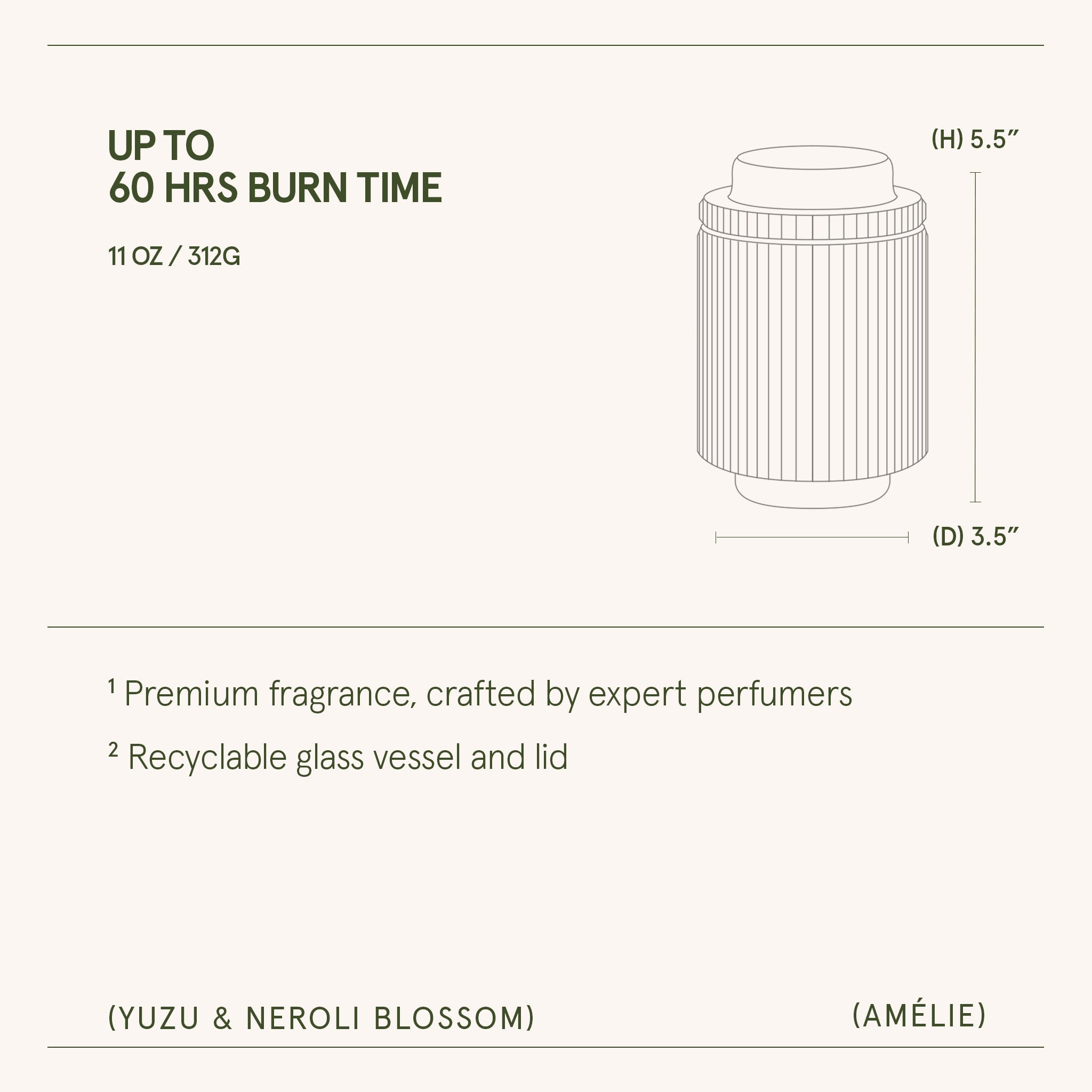 Product packaging with dimensions and features on a white background