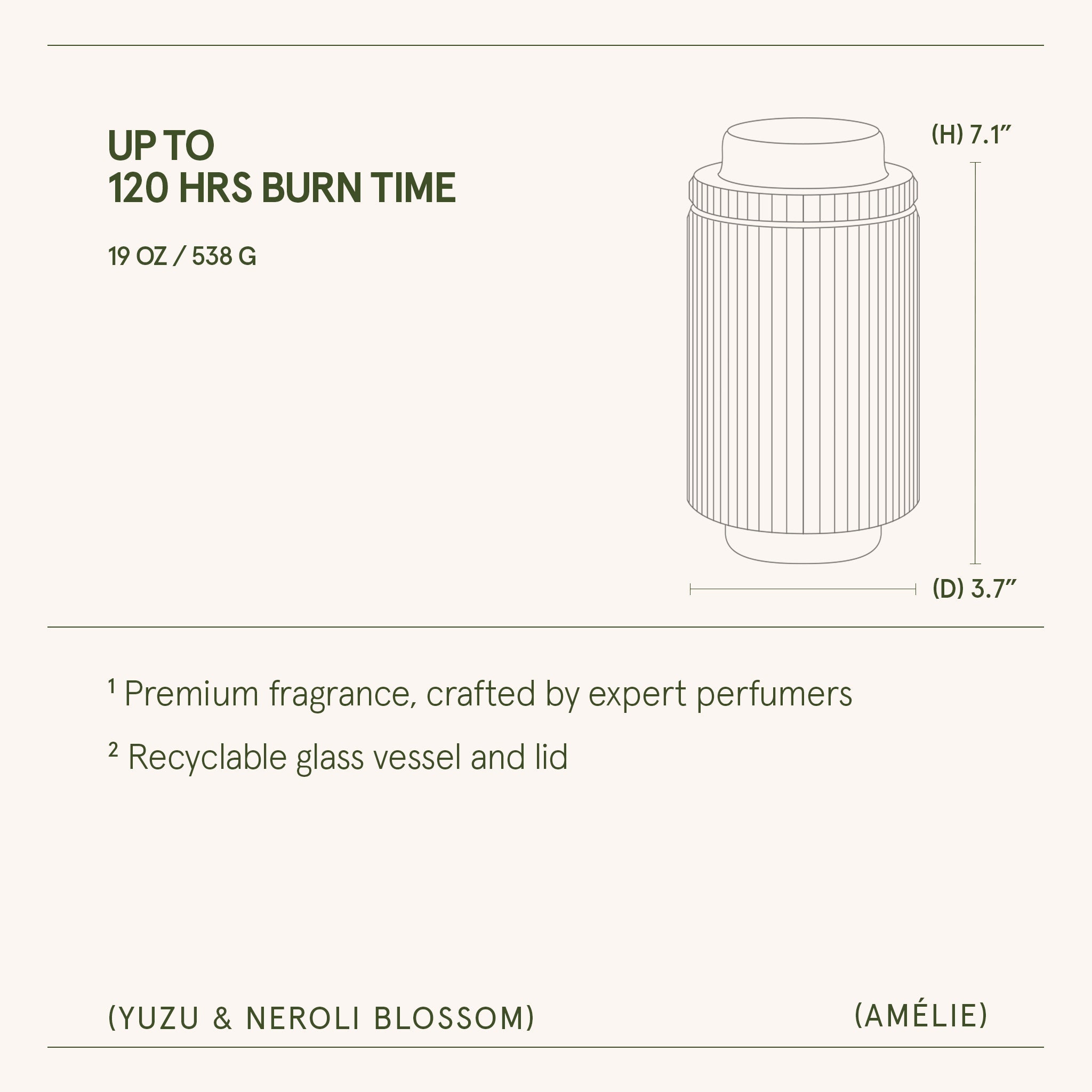 Product packaging with dimensions and features on a white background