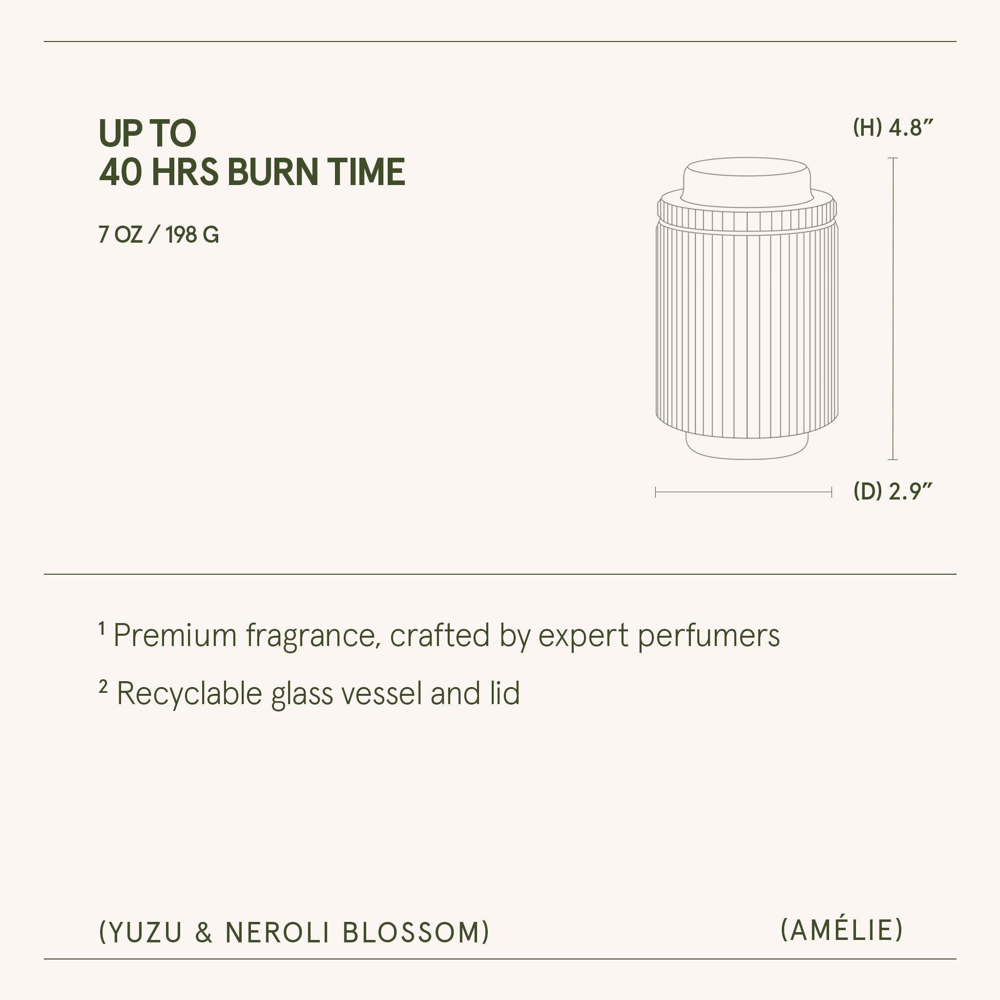 Product packaging with dimensions and features on a white background