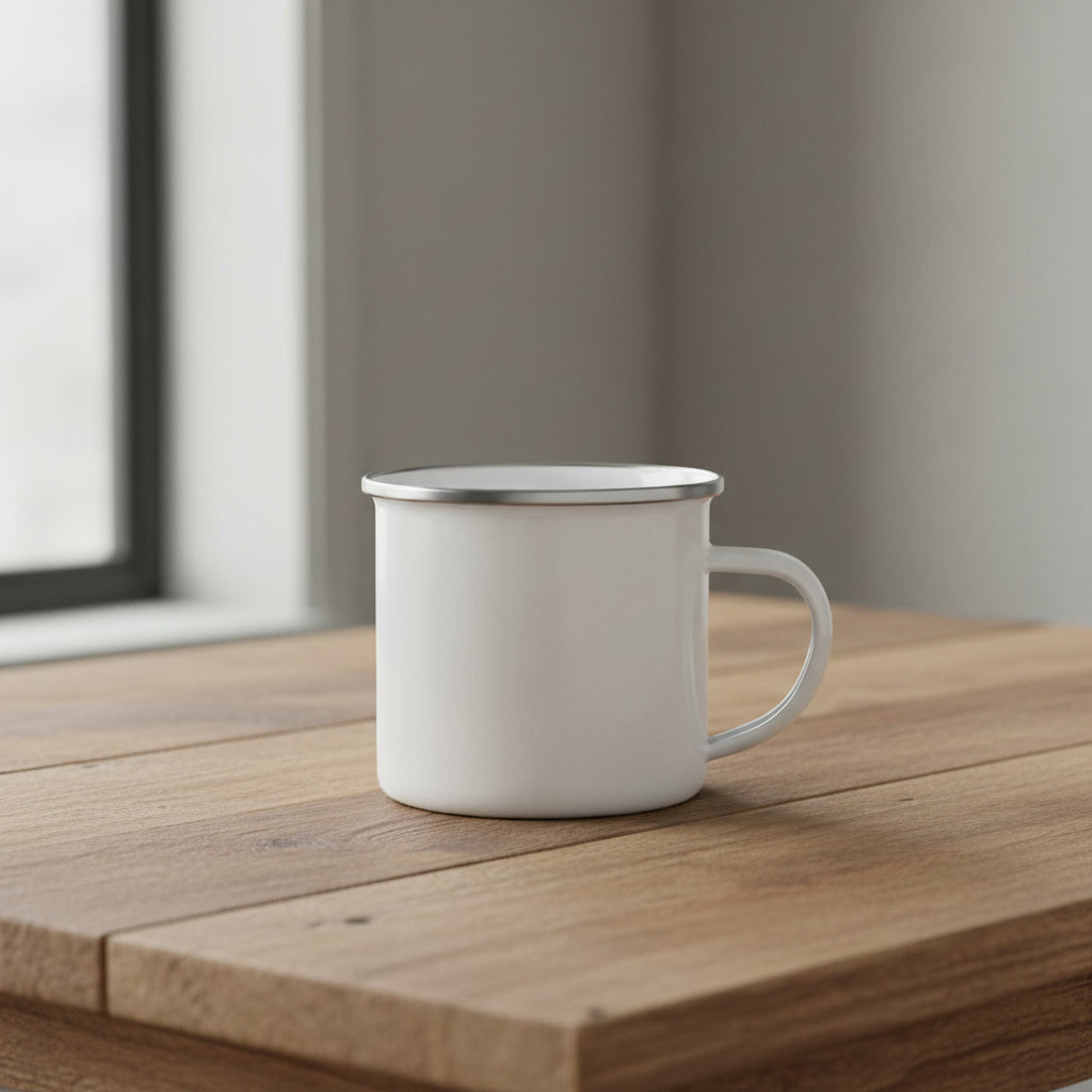 White enamel mug with silver rim on a reclaimed wood table—back view 