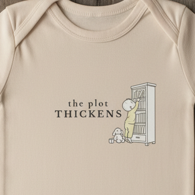 close up of text 'the plot thickens' with illustration of baby reaching for a book n a bookshelf