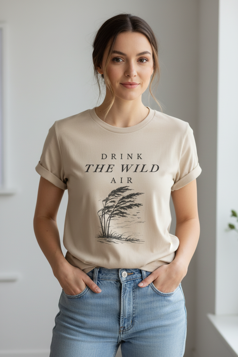 Woman wearing a beige t-shirt with 'Drink the Wild Air' text and graphic, standing indoors.