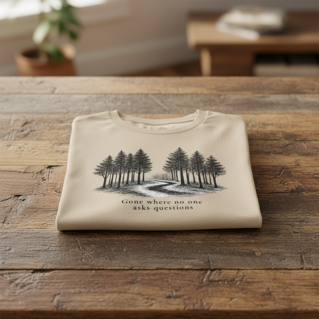Folded beige t-shirt with a graphic design and text “gone where no one asks questions” on a wooden table