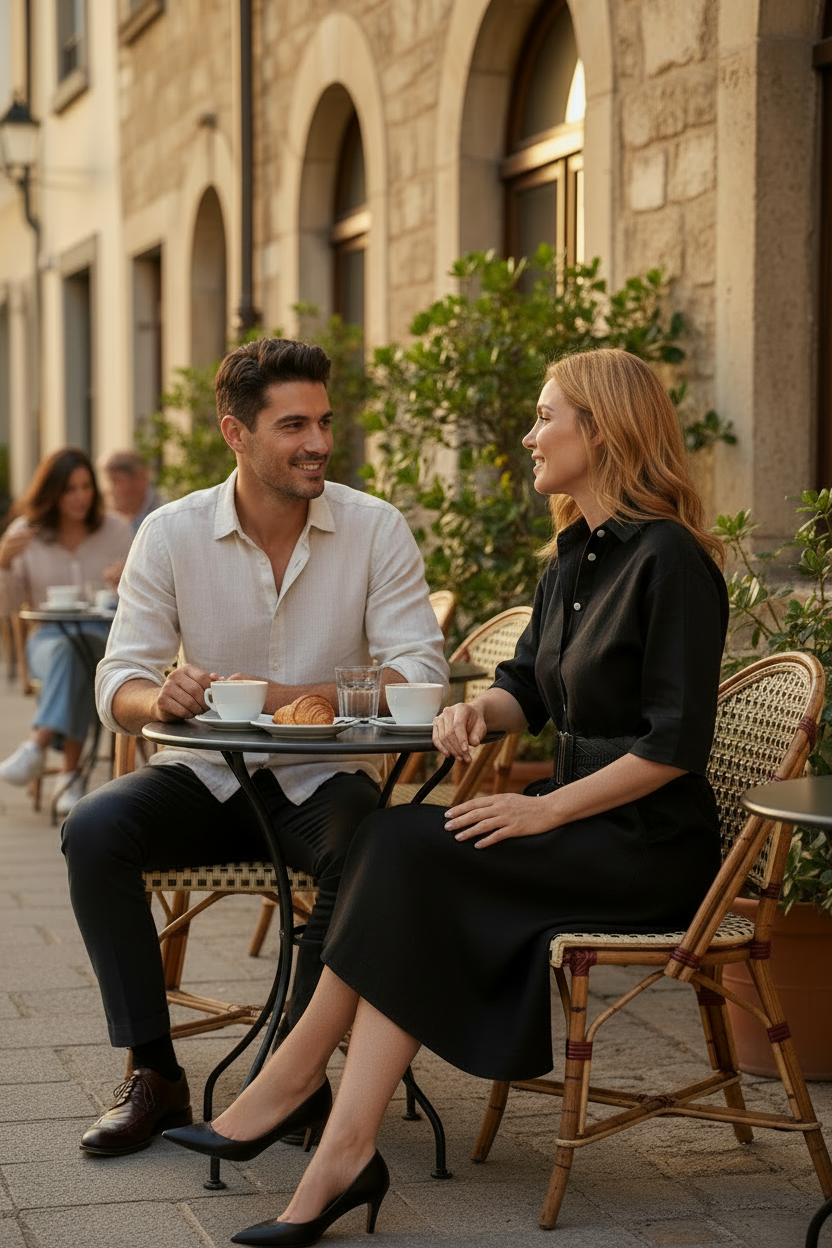 Man and woman sitting at an outdoor cafe table in a charming street setting, while the woman wears the Linen Shirtdress belted in black