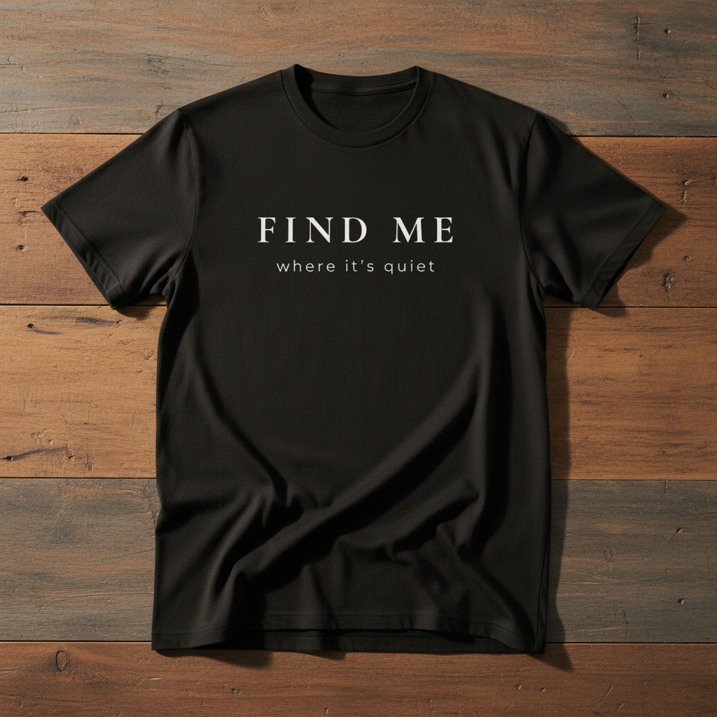 Black t-shirt with 'FIND ME where it's quiet' text on a wooden surface