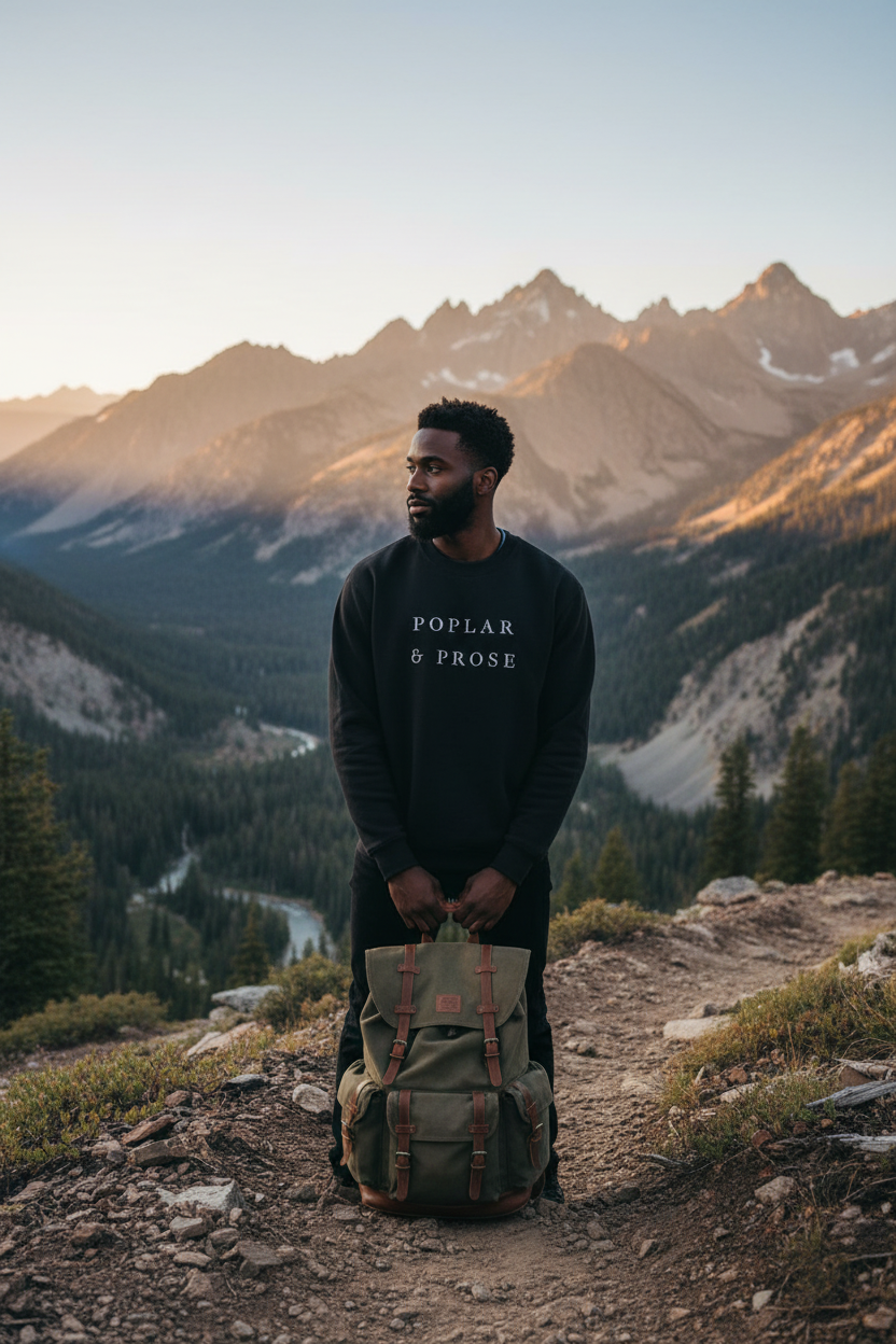 Man standing on a mountain trail with a backpack, looking at the view, wearing the Poplar & Prose sweatshirt in black