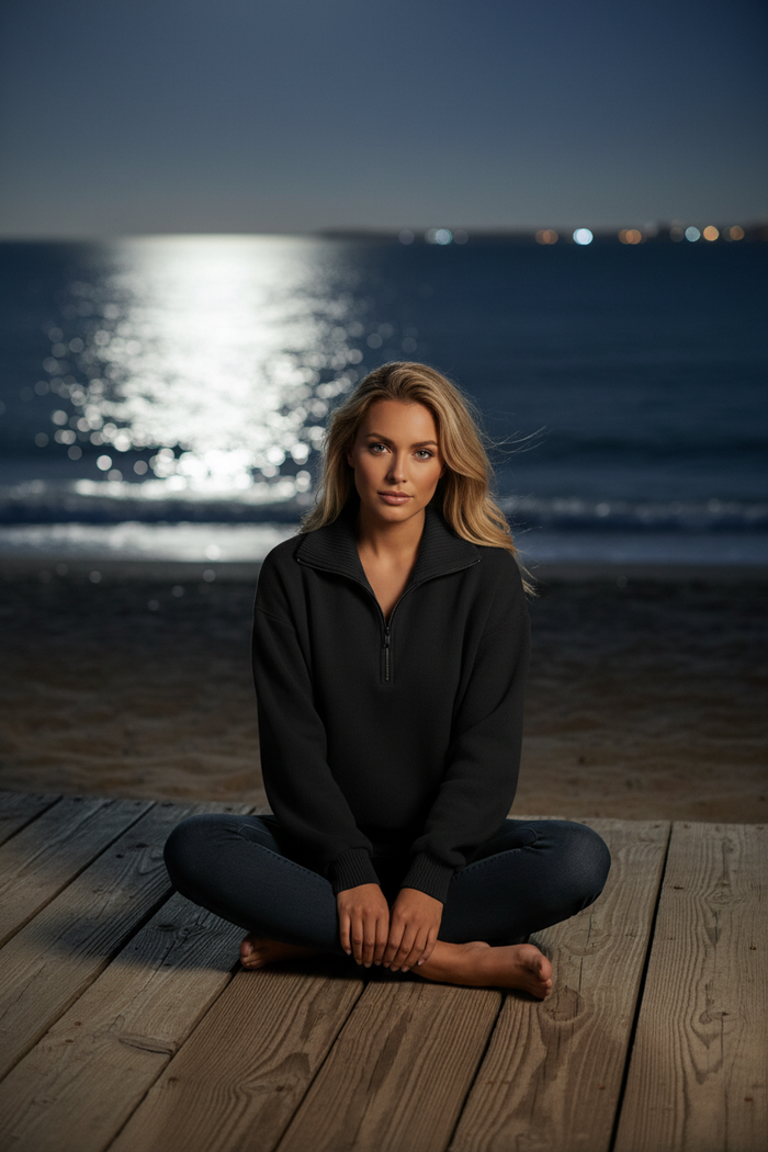 Woman sitting on a wooden dock by the ocean at night wearing the Retreat Pullover in black