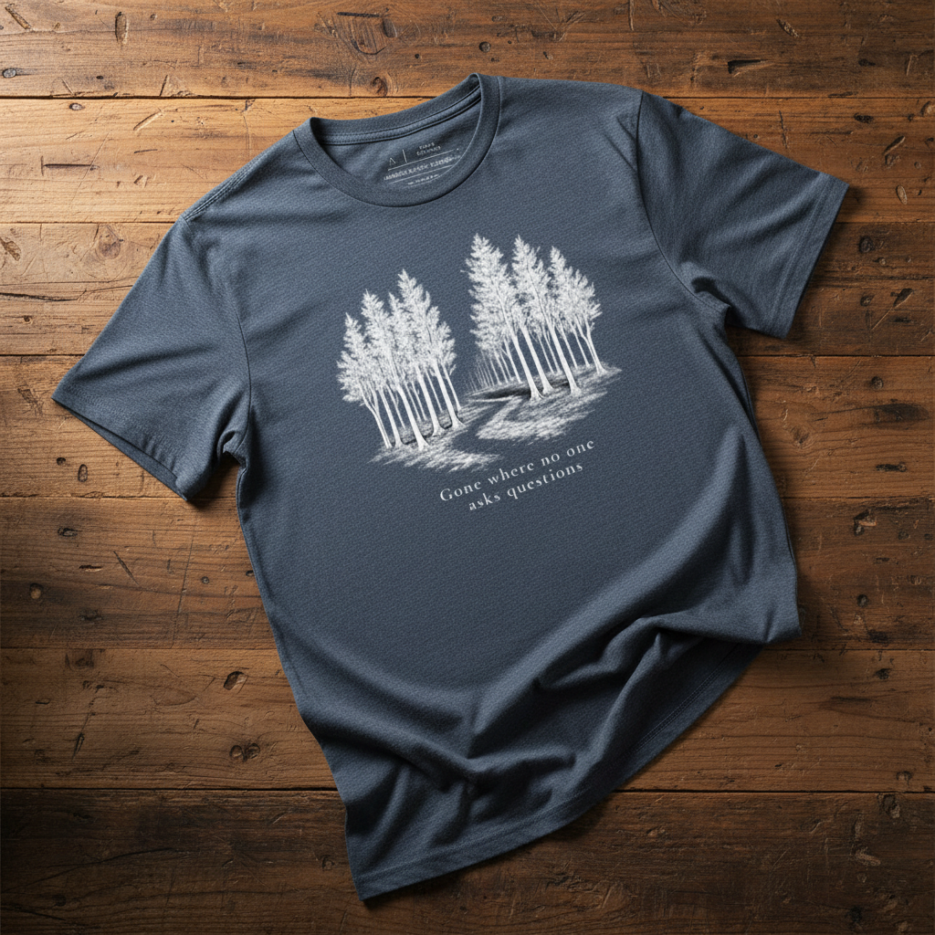 Blue organic t-shirt with a forest graphic and text “gone where no one asks questions” on a reclaimed wooden surface