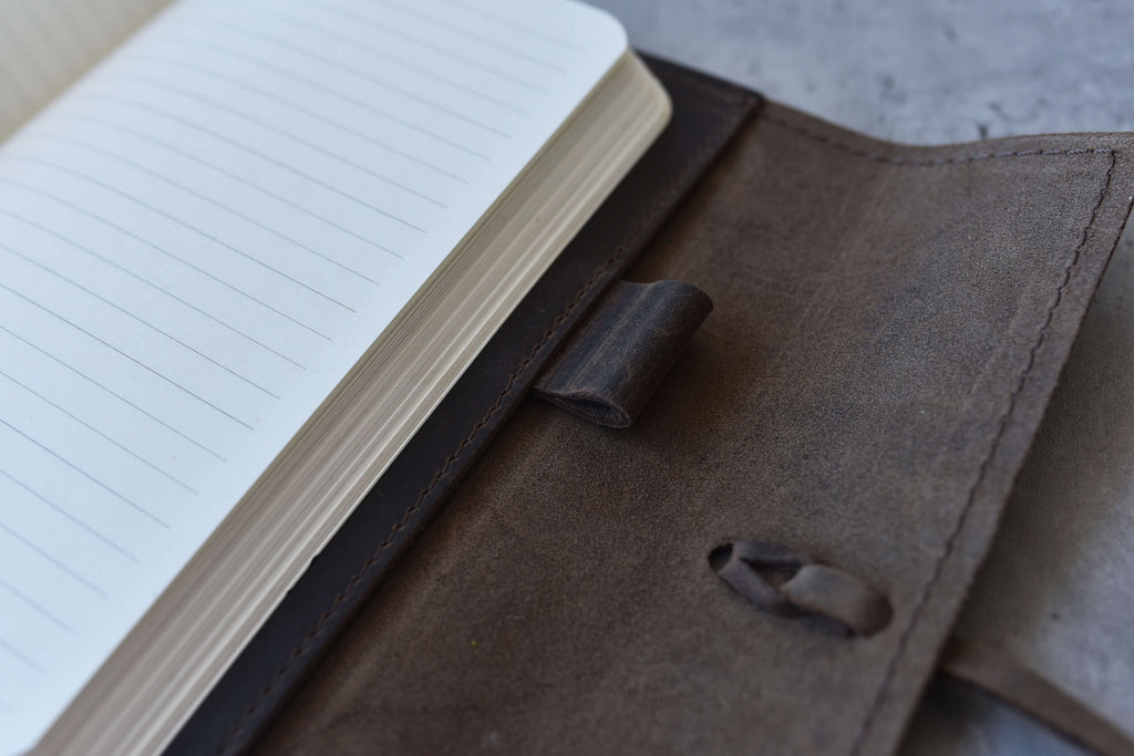 Close-up of a brown leather-bound field journal with a pen holder.