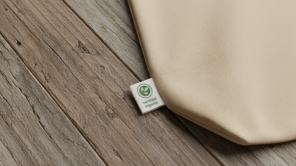 Beige fabric with a certified organic label on a white background