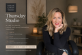 Promotional graphic for Poplar & Prose's Thursday Studio, featuring a woman with blonde hair sitting in a chair in a warmly lit home office environment, with event details listed on the left side.