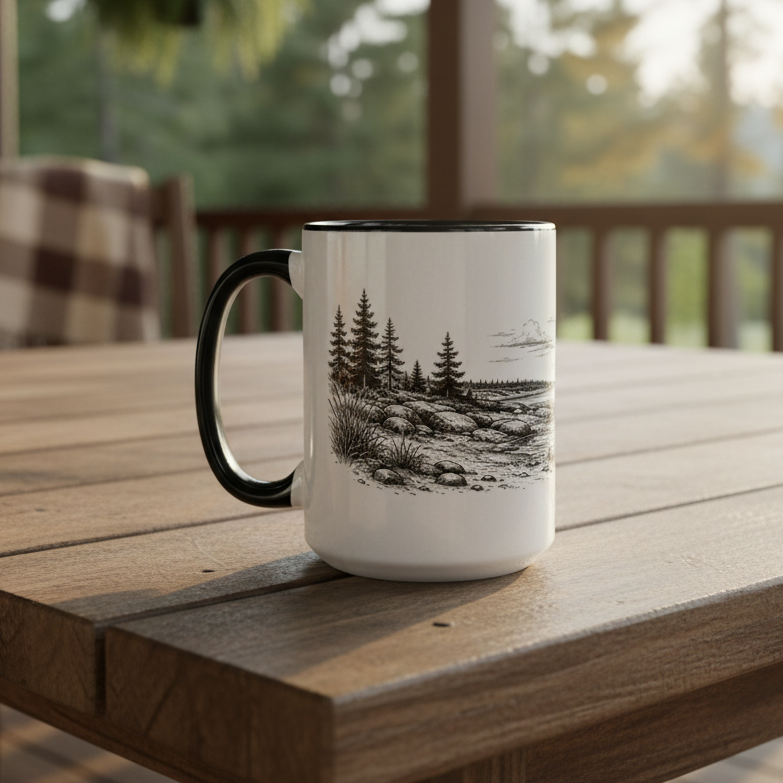 Mug with nature design on a wooden table outdoors