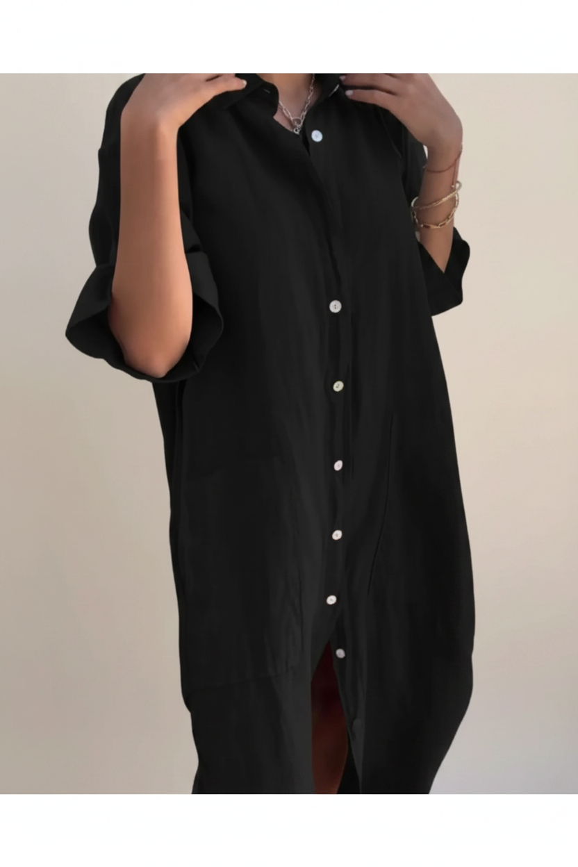 Black button-up Shoreline Linen Shirtdress on model with neutral background