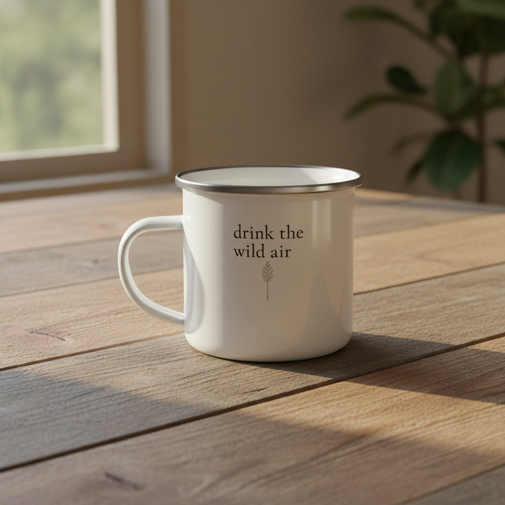 white enamel mug with “drink the wild air” Emerson quote on reclaimed wood table