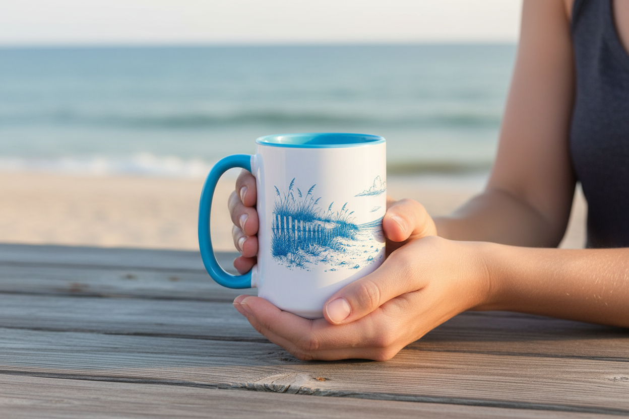 Woman holding a mug with a scenic design on a wooden deck by the ocean.