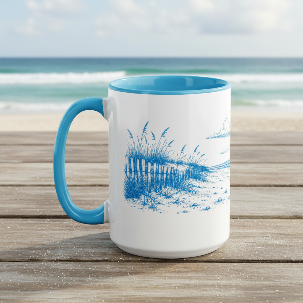 White mug with blue interior and handle, featuring a beach scene design, on a wooden surface with ocean view.