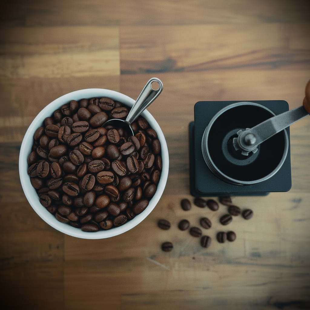 White bowl filled with coffee beans and coffee grinder on a wooden surface