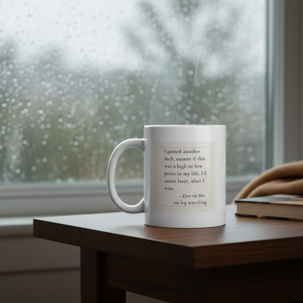 White mug with original quote on a wooden table in front of a rainy window, in 11 oz